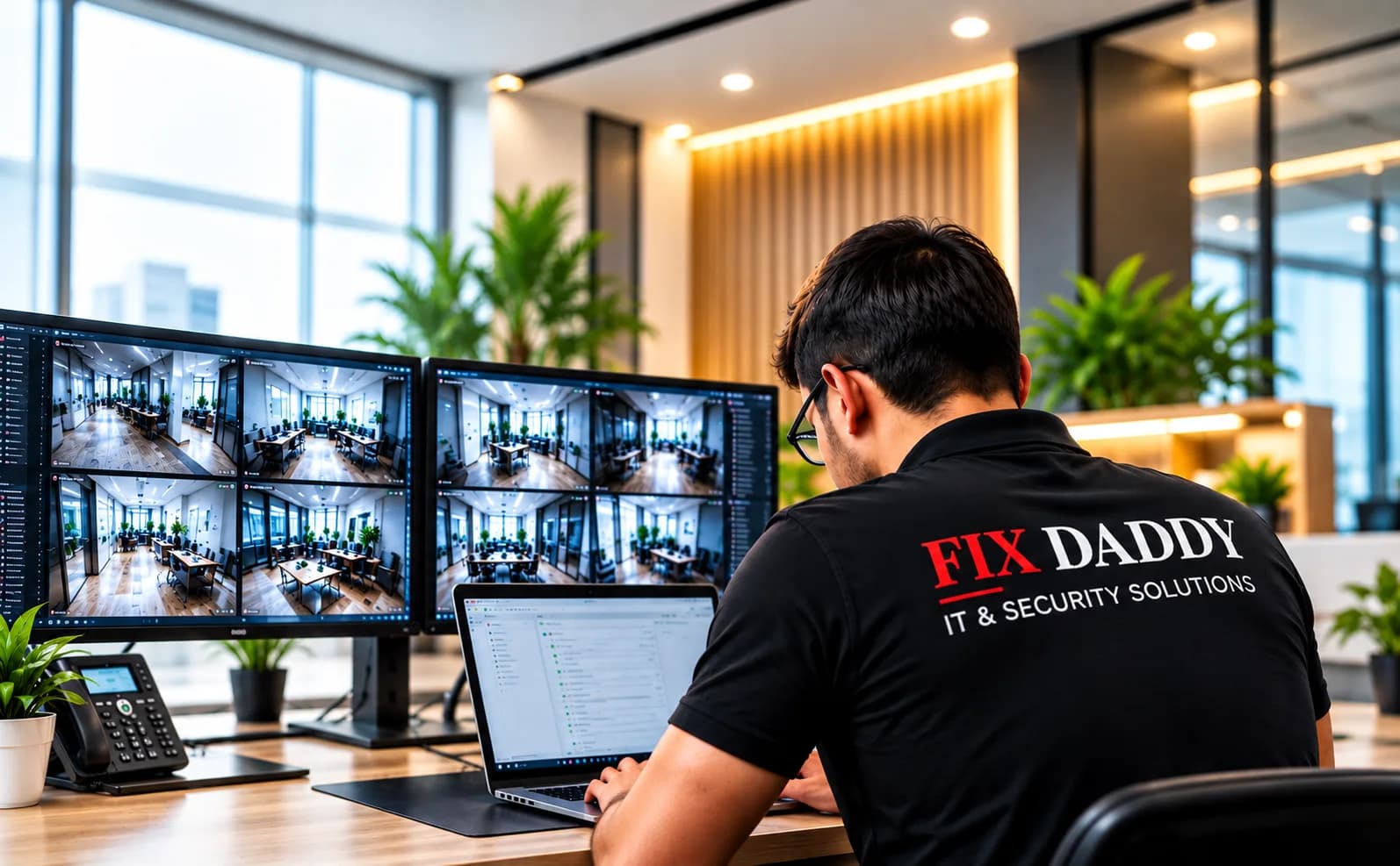 FIX DADDY technician monitoring CCTV camera feeds